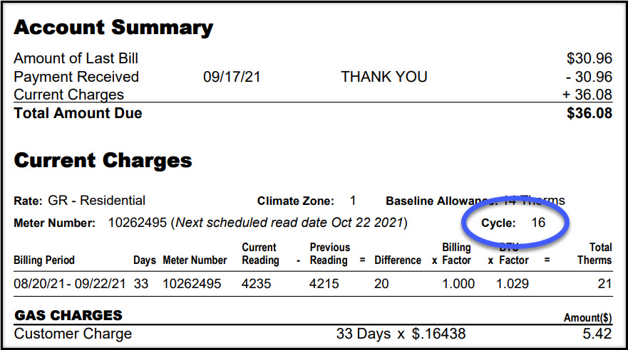 Sample bill with cycle number