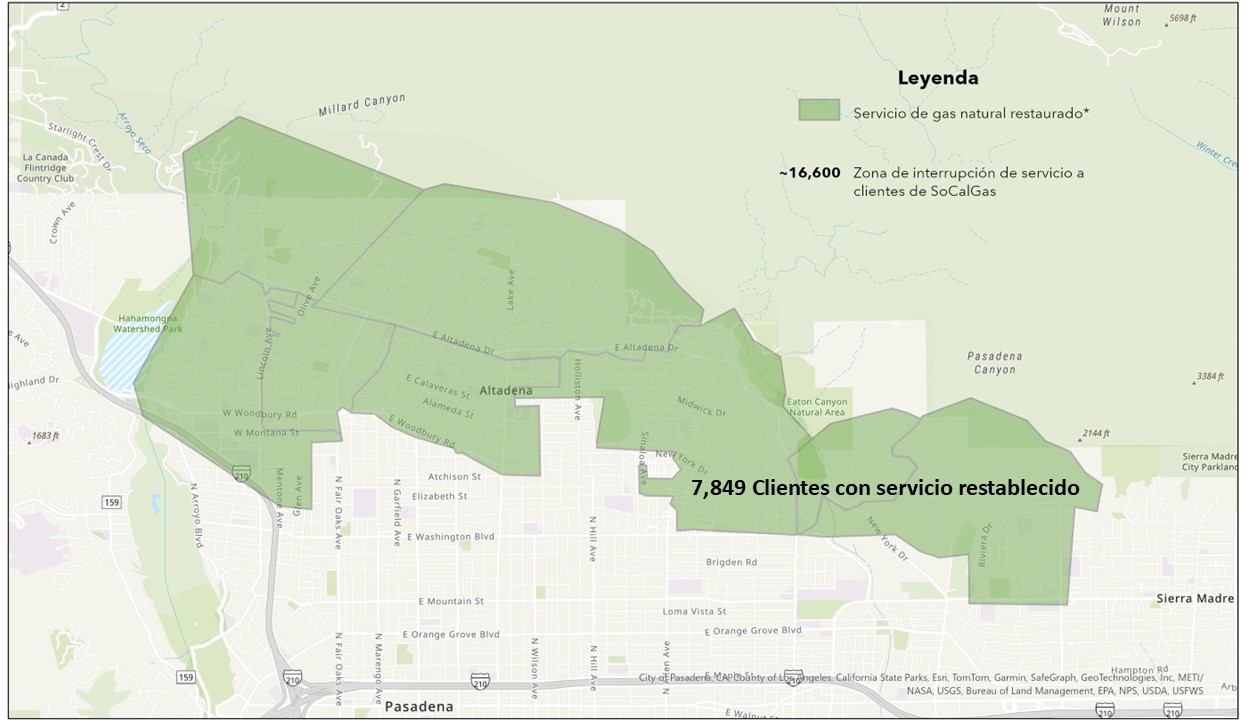 Restauraciones de SoCalGas a los clientes -- Incendio Eaton