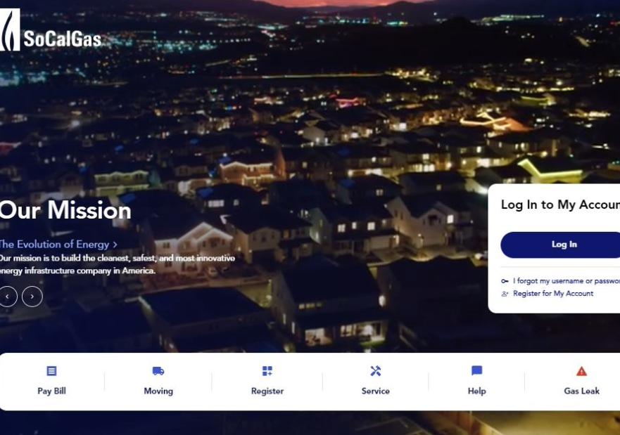 SoCalGas Website Homepage Screen Showing Login and Video of Southern California looping in the background
